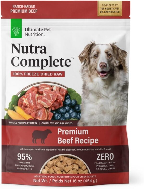 ULTIMATE PET NUTRITION Nutra Complete, 100% Freeze Dried Veterinarian Formulated Raw Dog Food with Antioxidants Prebiotics and Amino Acids, (1 Pound, Beef)