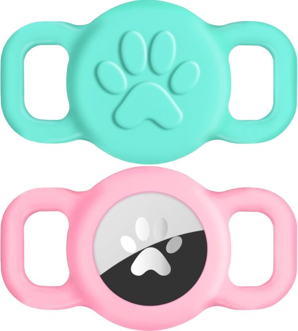 Joytale 2 Pack Cat Collar Airtag Holder,Elastic Silicone Air Tag Holder for Puppy Dogs Cats Kitten, Light and Durable Apple Airtag Holder with Slide-On Loop(Mint/Pink)