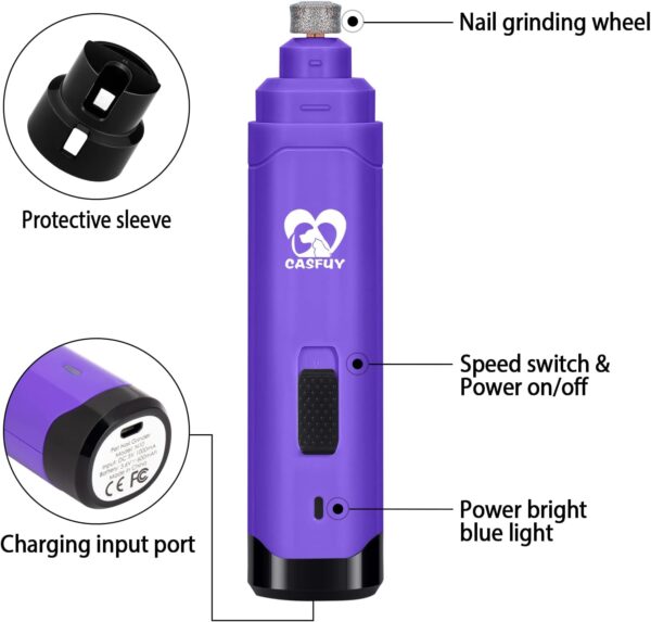 Casfuy Dog Nail Grinder Upgraded - Professional 2-Speed Electric Rechargeable Pet Nail Trimmer Painless Paws Grooming & Smoothing for Small Medium Large Dogs & Cats (Purple) - Image 5