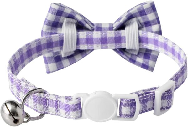 AIITLE Breakaway Cat Collar with Cute Bow Tie and Bell, Detachable Adjustable Safety Collars for Girl Cats and Boy Cats, Kittens, Puppy, Soft Stylish Plaid Patterns Cat Collars,Purple - Image 5