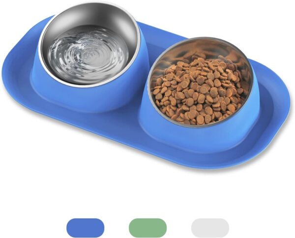 Ptlom Dog Cat Basic Food and Water Bowl Set, 2 Removable Stainless Steel Feeding Bowls with Non-Slip Leak-Proof Plastic Stand Suitable for Small and Medium Pet Puppy Feeder Tableware Supplies, Blue