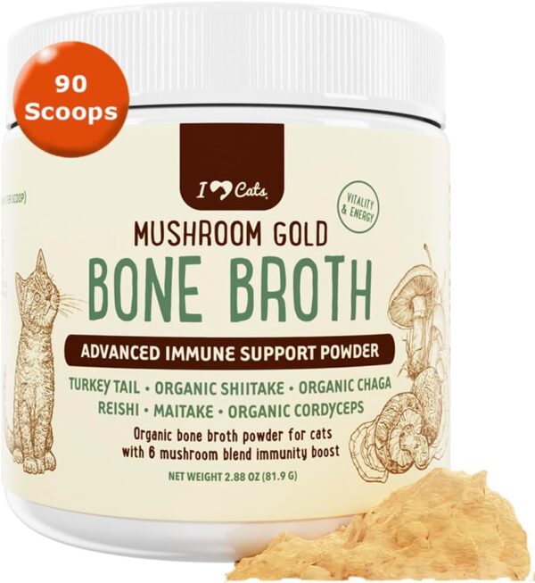 iHeartCats Bone Broth for Cats - Bone Broth & Mushroom Gold Powder Supplement for Immune System Support, Improved Mobility & Flexibility and Natural Detox - Turkey Tail Mushroom for Cats