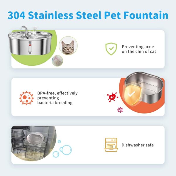 Cat Dispenser, 101oz/3L Stainless Steel pet Dispenser, Suitable for Cats and Dogs, feedable, Ultra-Silent Pump, Filter, Sputtering Resistance, Metallic Texture - Image 5