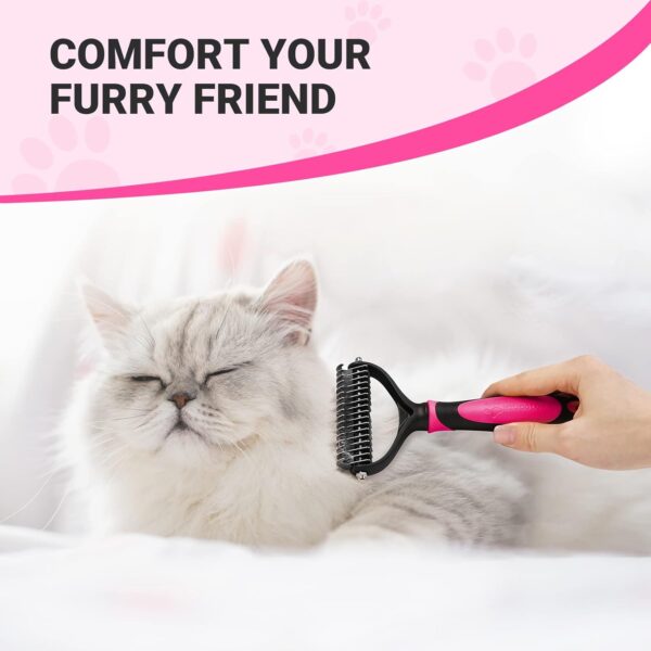 MIU COLOR Pet Grooming Brush, 2 Sided Undercoat Rake for Dogs & Cats, Professional Deshedding Brush and Dematting Tool, Effective Removing Knots, Mats, Tangles for Cats, Dogs, Extra Wide (Pink) - Image 4