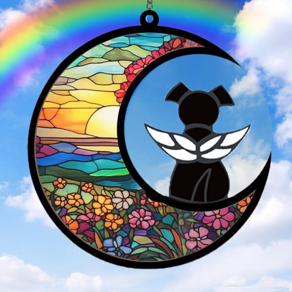 Reinforced Glass Dog Memorial Gifts for Loss of Dog Pet Sympathy Suncatcher Black Angel Dog on Flower Moon Dog Beverage Suncatcher Ornaments Decor Window Wall Sympathy Gift for Dog Lover