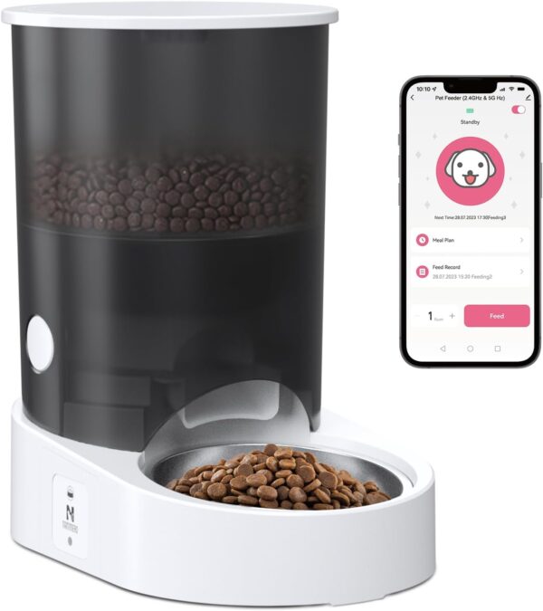 Automatic Cat Feeder, 2.4/5GHz WiFi Automatic Dog Feeder Rechargeable Battery-Operated, APP Control Smart 4L Cat Food Dispenser with 1-10 Meals for Cats and Dogs, Dual Power and Support Alexa