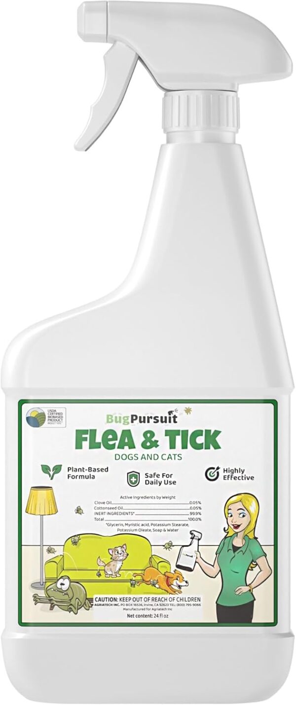 24oz Flea &Tick Spray, Flea and Tick Prevention for Dogs, Cats, Non-Toxic, Safe for Pets & Kids, Flea and Tick Spray for Home, Killer Flea, Tick, Lice, 100% USDA Biobased, Made in USA