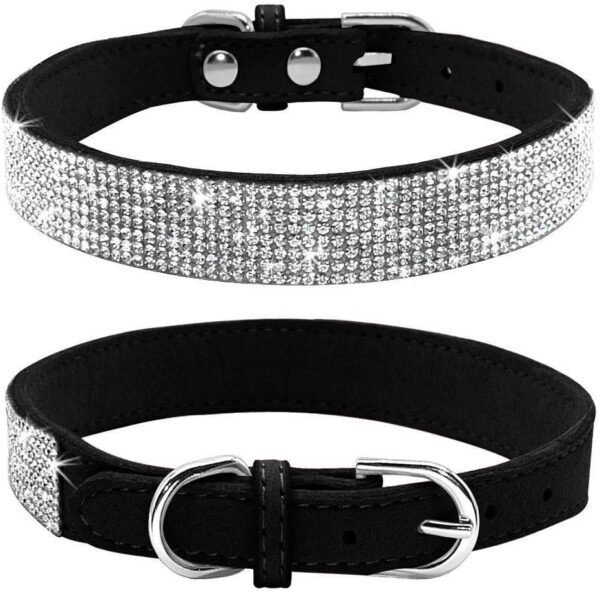 Rhinestone Dog Collar, Cute Dazzling Sparkling Soft Suede Leather Dog Cat Rhinestone Collar Crystal Diamond Pet Dog Puppy Collar(Black,S)