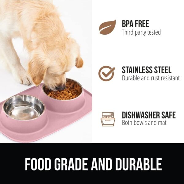 Gorilla Grip 100% Waterproof BPA Free Cat and Dog Bowls Silicone Feeding Mat Set, Stainless Steel Bowl Slip Resistant Raised Edges, Catch Water, Food Mess, No Spills, Pet Accessories, 2 Cup, Pink - Image 5