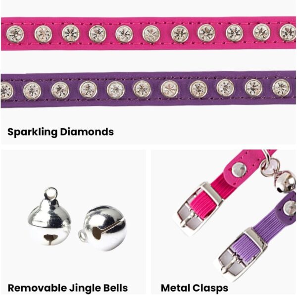 2 Pack Cat Collars with Bells, Rhinestones Leather Cat Collar with Elastic Strap, Kitten Collar, Adjustable Diamond Cat Collar for Girl Boy, 7.5" - 11.5", Rose Red and Purple - Image 6