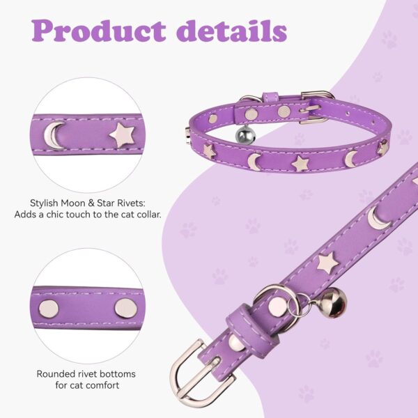 2PCS Leather Cat Collars,Cat Collar with Bells Stylish Moon & Star Rivets Adjustable Kitten Collars Cat Collar for Girl Cats,Purple&Pink(XS) - Image 4