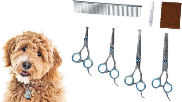 Dog Grooming Scissors Kit - 4CR13 Steel Grooming Scissors for Dogs - Extra Sharp Dog Grooming Kit w/Size Variations - Comfortable Finger Rings - Dog Grooming Supplies Includes 4 Scissors & 1 Comb