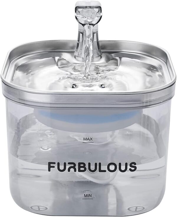 FURBULOUS Pet Fountain 68oz/2L Automatic Cat Water Fountain Water Dispenser for Multiple Pets 3-Speed Adjustable Silent Water Pump 304 Stainless Steel Drinking Tray Translucent Water Tank…