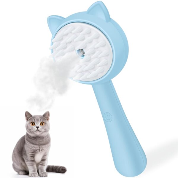 Cat Steam Brush, 3 in 1 Cat Steamy Brush Cleanser, Silicone Massage Grooming Brush for Shedding, Pet Hair Cleaning Brush Comb for Cats Dogs(Blue Cat)