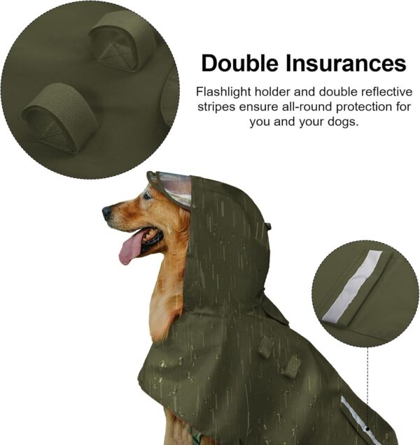 Dog Raincoats for Large Dogs Waterproof Dog Hoodies Adjustable Dog Rain Jacket Poncho Detachable with Hood Fixable Flashlight Design for Night Dog Walking Safety-Size L to 4XL- Army Green- XL - Image 4