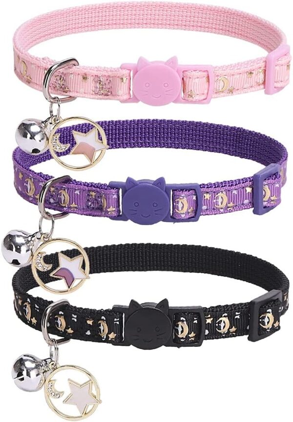 PUPTECK 3 Pack Cat Collar with Bells Breakaway - Luminous Safety Small Kitten Collar Adjustable Moon Star Pink Black Purple, 8-12 in