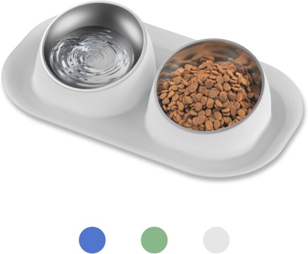 Ptlom Dog Cat Basic Food and Water Bowl Set, 2 Removable Stainless Steel Feeding Bowls with Non-Slip Leak-Proof Plastic Stand Suitable for Small and Medium Pet Puppy Feeder Tableware Supplies, Grey