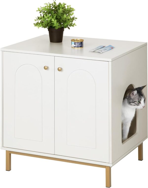 Cat Litter Box Enclosure, Hidden Litter Box Furniture, Wooden Pet House Side End Table, Storage Cabinet Bench, Fit Most Cat and Litter Box, Living Room, Bedroom, White and Gold CB81203G - Image 9