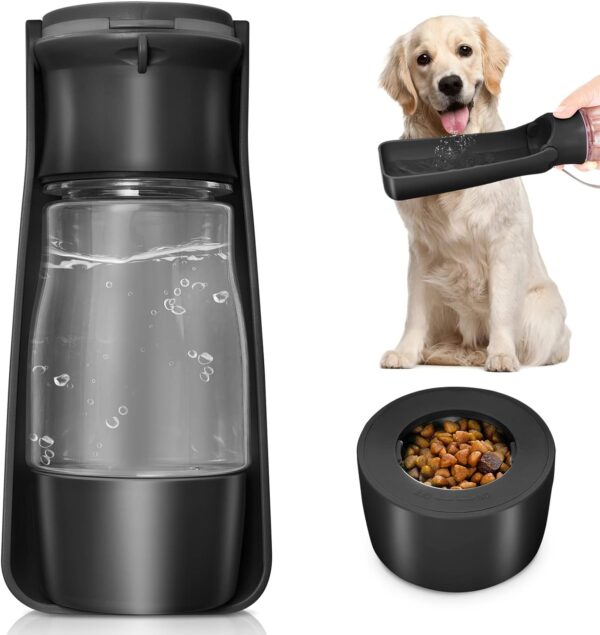 Dog Water Bottle with Food Container - Collapsible Portable Dog Water Dispenser Leak Proof Puppy Drinking Cup, Dog Travel Water Bowls Accessories for Pet Outdoor Walking Hiking (Black)