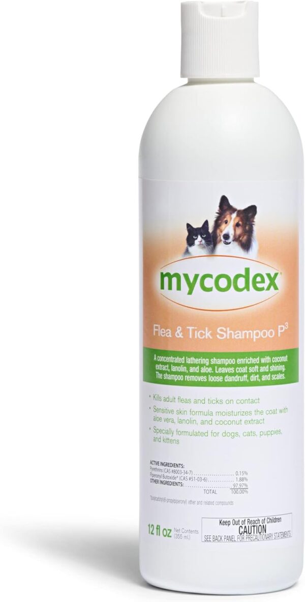 PRN Pharmacal Mycodex Flea and Tick Shampoo P3 - Sensitive Skin Shampoo for Dogs & Cats - with Oatmeal, Lanolin, & Aloe - Removes Dandruff, Dirt, & Scales While Killing Fleas, Ticks & Lice - 12 Fl Oz