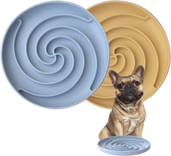 Dog Puzzle Bowl - Silicone Slow Feeder Dog Bowls for Healthy Eating - Puppy Slow Feeder Non-Slip Design Dishwasher Microwave Safe (Blue and Yellow)