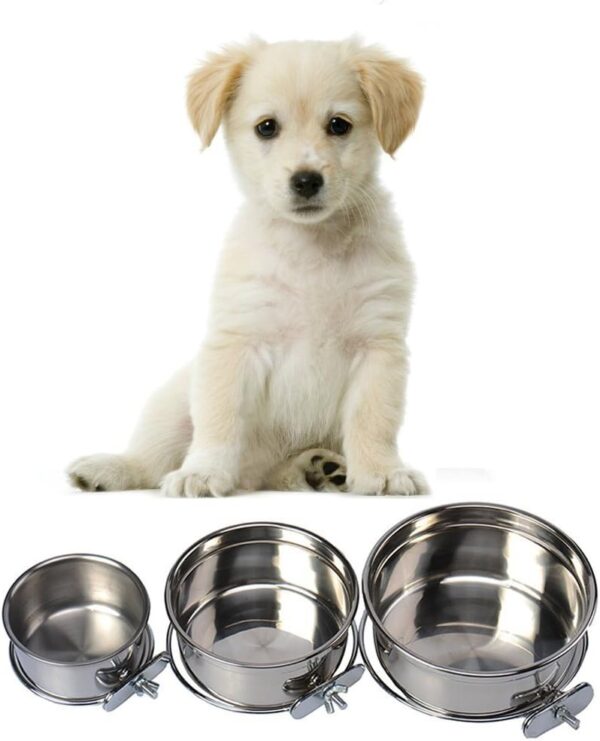 Pet Dog Stainless Steel Coop Cups with Clamp Holder - Detached Dog Cat Cage Kennel Hanging Bowl,Metal Food Water Feeder for Small Animal Ferret Rabbit (Medium)