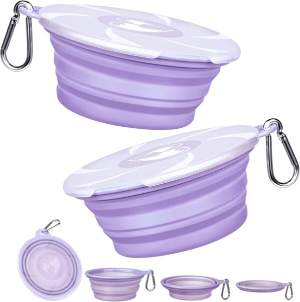 Collapsible Dog Bowls - Portable Travel Dog Bowls with Lids & Carabiners, 2 Pack Silicone Feeding Watering Pet Bowls for Dogs Cats, 450ml/15oz Collapsable Doggy Bowl for Walking Hiking