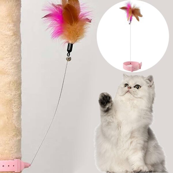 PCTC 3PCS Cat Collar Teasing Wand, Cat Feather Collar Toys with Bell and Feather, Adjustable Silicone Collar with Indoor Kittens Small Animals to Play Exercise(Pink/Blue/Green) - Image 4