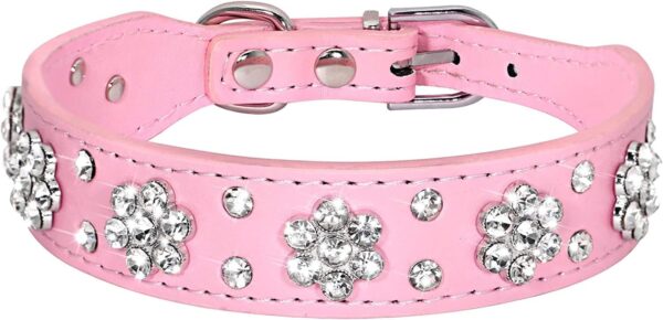 Rhinestone Dog Collar, Cute Flower Rhinestone Cat Dog Collar Bling Collar PU Leather Collar Adjustable Sizes XS Small Medium (XS, Pink)