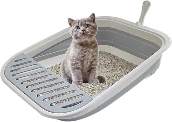 Collapsible Kitten Litter Box,Open Cat Potty Pan with Scoop Foldable Shallow Cat Toilet Anti-Splashing Waterproof Low Entrance Travel Litter Box with Falling Sand Pedal for Kitty to Senior Cats(Grey)