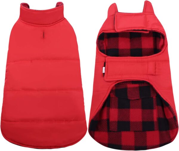 ASENKU Plaid Dog Winter Coat, Dog Fleece Jacket Plaid Reversible Dog Vest Waterproof Windproof Cold Weather Dog Clothes Pet Apparel for Small Medium Large Dogs Red M - Image 4