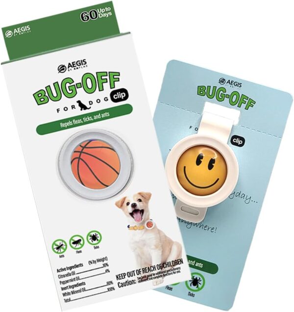 Bug-Off Clip for Dogs [2 Pack] Repels Flea, Tick & Ants for 60 Days, Natural Flea and Tick Repellent Collar [Made in Korea] Aegis by KN FLAX (Basketball & Smile)