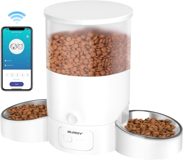 Automatic Cat Feeder for 2 Cats, SURDY 2.4G WiFi Smart Pet Feeder with APP Control for Remote Feeding, 3L Timed Pet Feeder Programmable 1-10 Meals, Dual Power Supply, Desiccant Bag, 10s Meal Call