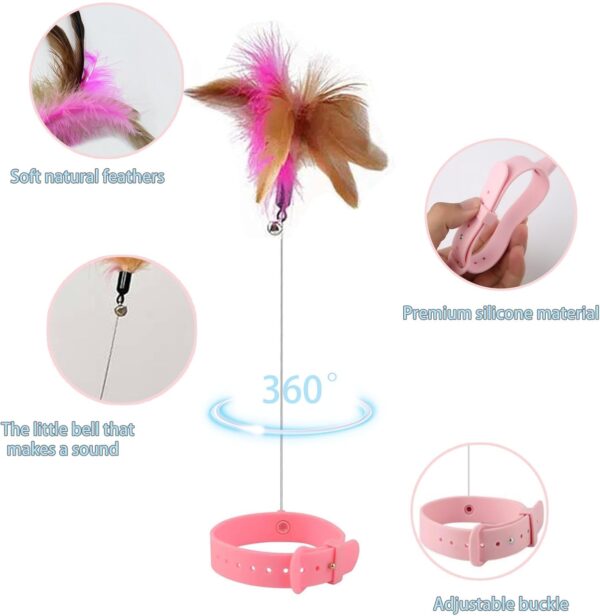 PCTC 3PCS Cat Collar Teasing Wand, Cat Feather Collar Toys with Bell and Feather, Adjustable Silicone Collar with Indoor Kittens Small Animals to Play Exercise(Pink/Blue/Green) - Image 3