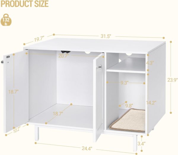 Cat Litter Box Enclosure, Hidden Litter Box Furniture, Wooden Pet House Side End Table, Storage Cabinet Bench for Living Room, Bedroom, 31.5 x 19.7 x 23.9 inches, White CB01513W - Image 8