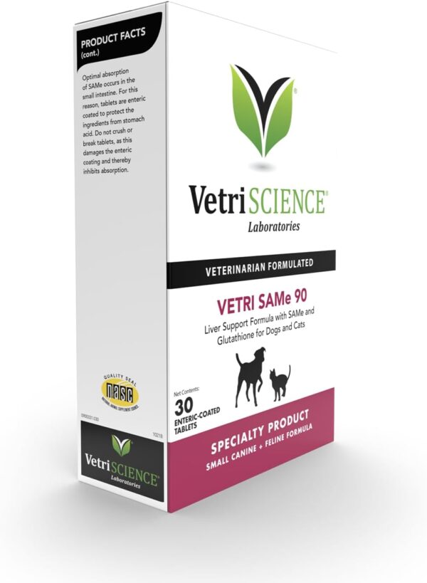 VetriScience Vetri SAMe Liver Supplements for Dogs & Cats, 90mg - 1-Month Supply (30 Tablets) - SAM-e Supplement with Glutathione Supports Liver Health, Function & Detox​