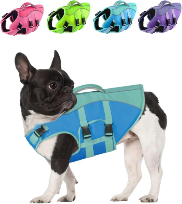 Dog Life Jacket Small, Reflective Dog Life Vest for Swimming Boating, Dog Swim Vest with Superior Buoyancy & Rescue Handle, Adjustable Dog lifejacket for Small Dogs (Blue,S)