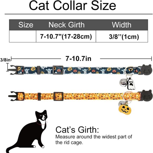 Halloween Cat Collar,2 Pack Breakaway Cat Collar with Bells,Pumpkin and Ghost Charm, Halloween Orange+Black - Image 3