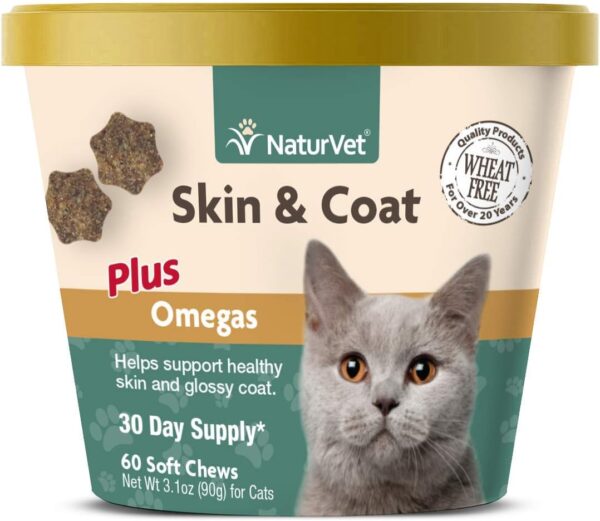 NaturVet – Skin & Coat Plus Omegas for Cats – 60 Soft Chews | Supports Healthy Skin & Glossy Coat | Enhanced with Omega-3, Omega-6 & Biotin | 30 Day Supply