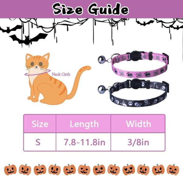 PUPTECK Breakaway Cat Collar with Bell Charm, 2 Packs Adjustable Kitty Collars Pink & Black Skull Pattern, 7.8-11.8 in - Image 3