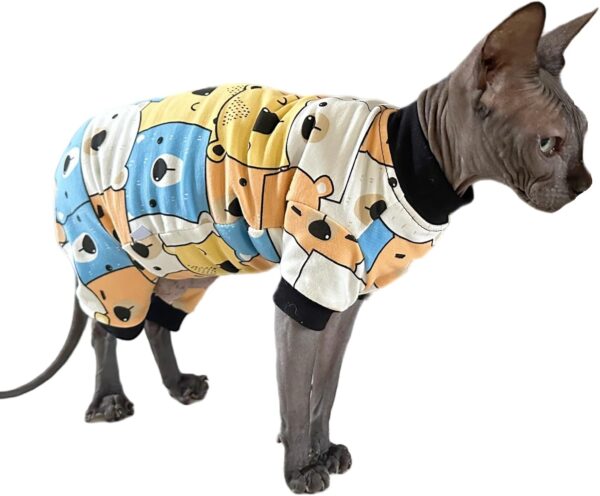 Sphynx Cat Four Leg Cotton Pajamas Elastic Pet Clothes for Hairless Cat Surgery Recovery Suit Cat Undershirt Thermal Hairless Cat Clothes for Sphynx, Devon, Cornish (Colorful Bear, XL (9-12 lbs)) - Image 4