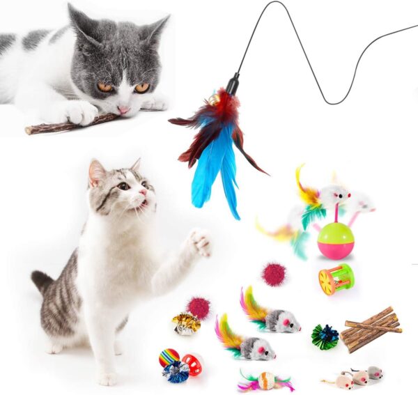 MIBOTE 28Pcs Cat Toys Kitten Toys Assorted, Cat Tunnel Catnip Fish Feather Teaser Wand Fish Fluffy Mouse Mice Balls and Bells Toys for Indoor Cat Puppy Kitty Interactive Cat Toy Set - Image 2