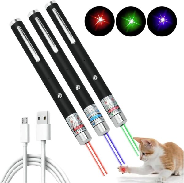 Cat Laser Pointer for Cats USB Rechargeable Dogs Pet Interactive Toys Indoor Outdoor Chaser Tease Green Red Light Blue Violet Laser Pen Kitten (3 Colors Mixed, 3 PCS Pack Laser Color Mixed)