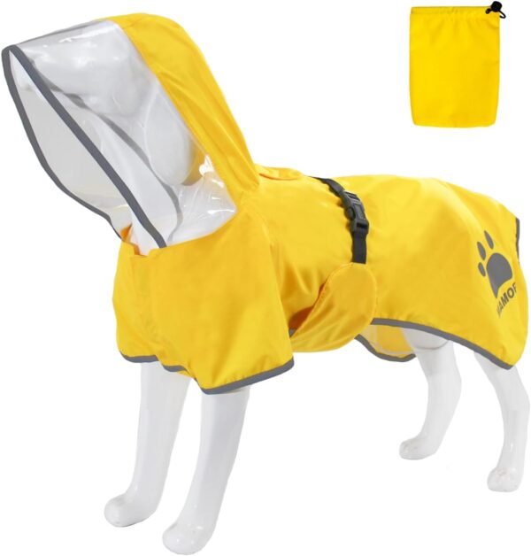 MAMORE Dog Raincoat Hooded Rain Jacket for Small Medium Large Dogs Slicker Poncho Bottom Waterproof Adjustable Reflective Breathable Leash Hole (Yellow, Small)