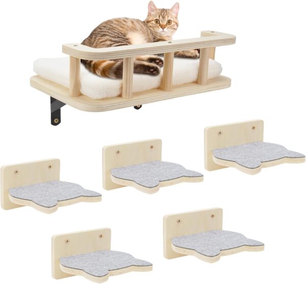 Cat Wall Shelves with 5 Steps, Cat Shelves and Perches for Wall, Cat Wall Furniture Cat Climbing Shelf for Indoor with Plush Covered, Gift for Medium/Small Cat (Gray Steps, 1pack)