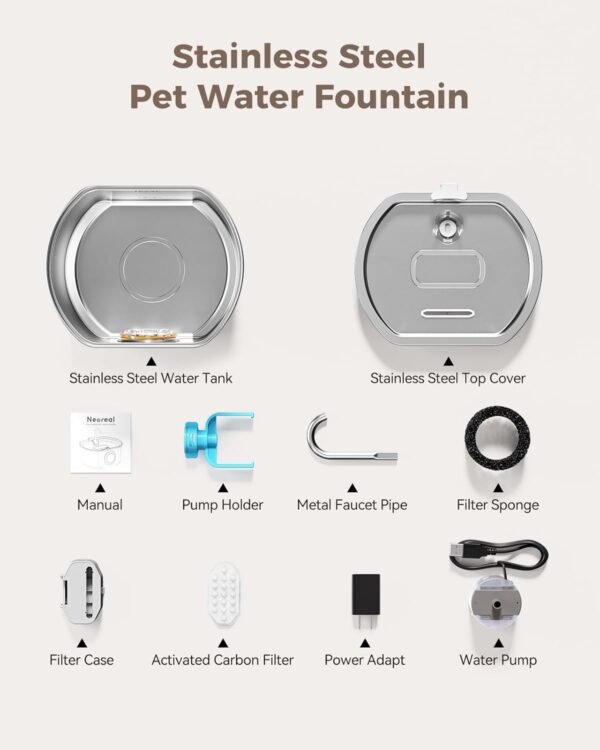 Cat Water Fountain Stainless Steel: 108oz/3.2L Cat Fountain for Drinking- Pet Water Fountain for Cats Inside - Automatic Cat Water Dispenser Bowl - Cat Feeding & Watering Supplies - Water Level Window - Image 8