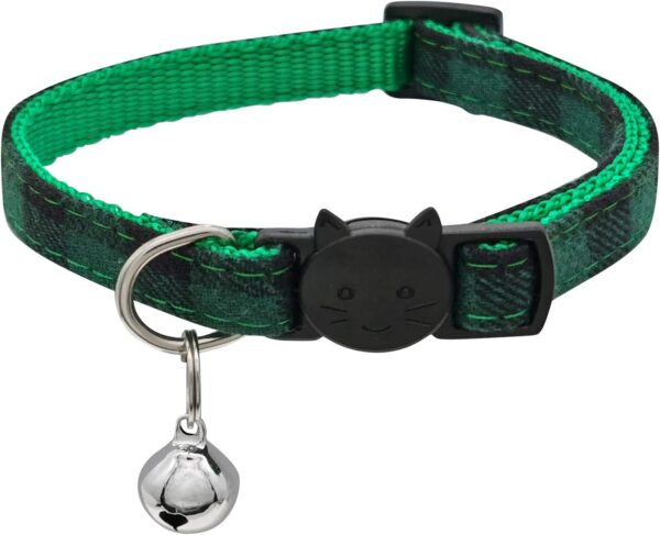 MJIYA Cat Collar with Bell, Breakaway Grid Collar with Plastic Buckle, Girl Boy Pet Kitty Collars，Adjustable 7.5-12.5 Inch(Dark Green)