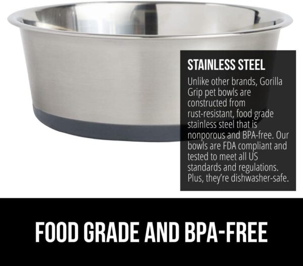 Gorilla Grip Stainless Steel Metal Dog Bowl Set of 2, Rubber Base, Heavy Duty Feeding Dishes, Food Grade BPA Free, Less Sliding, Quiet Pet Bowls for Cats and Dogs, Holds 2 Cups (16 fl oz), Gray - Image 3