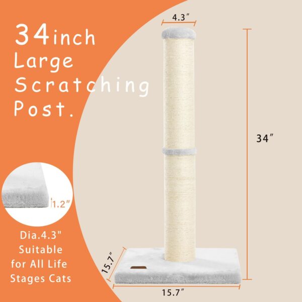 34inch Cat Scratching Post with Natural Sisal Rope 4.3Inch Large Diameter Scratcher Post Tree for Indoor Cats Grey - Image 2