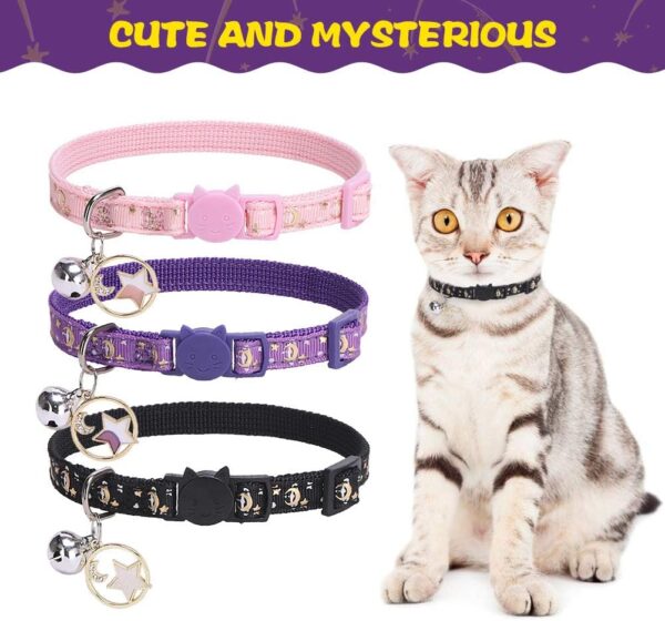 PUPTECK 3 Pack Cat Collar with Bells Breakaway - Luminous Safety Small Kitten Collar Adjustable Moon Star Pink Black Purple, 8-12 in - Image 3